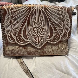 Bronze and White Embossed Leather Crossbody Bag